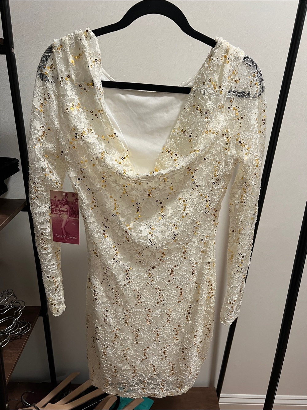 Emerald Sundae White Lace Long Sleeve Sequin Dress